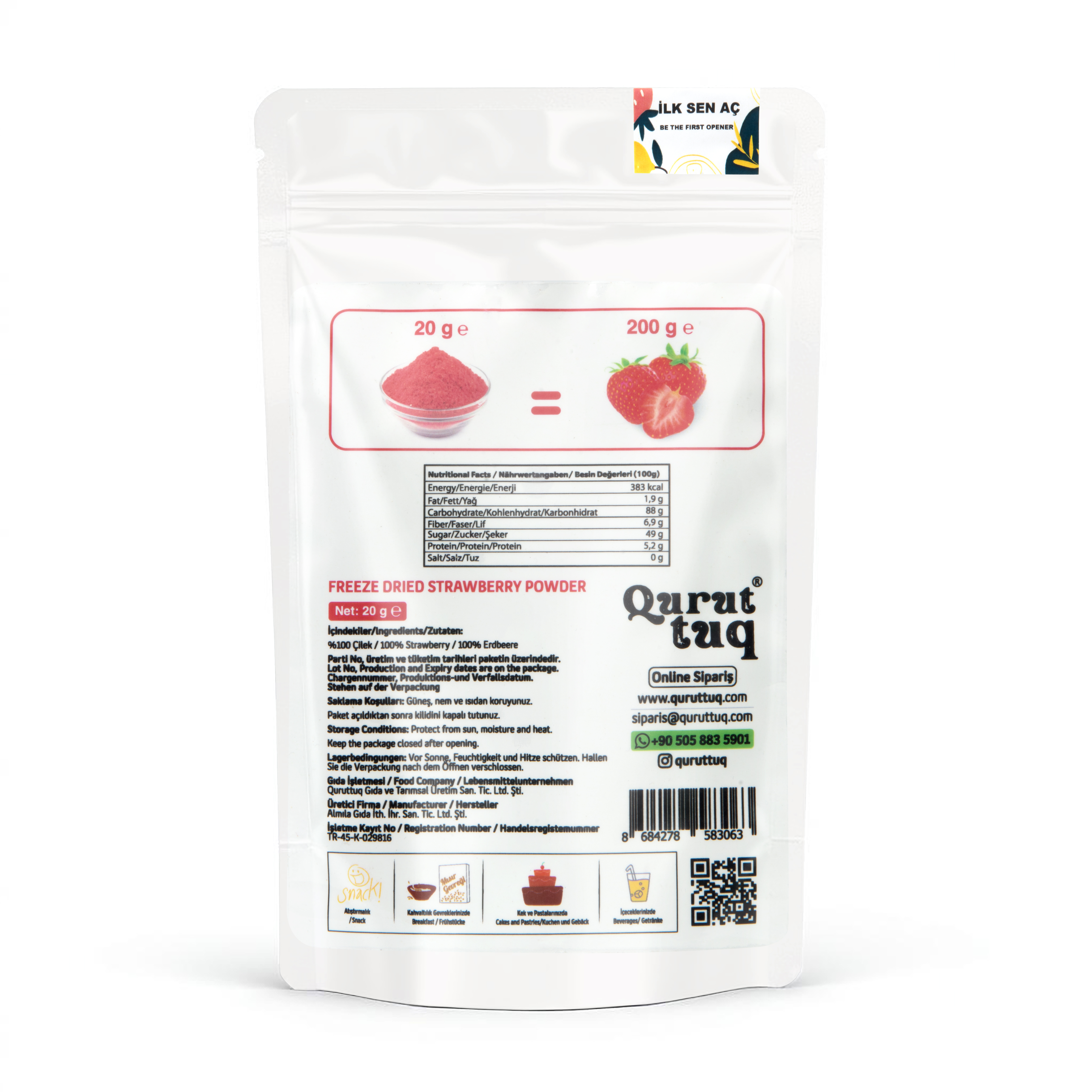 Freeze Dried-Dondurularak Kurutulmuş Toz Çilek 20g