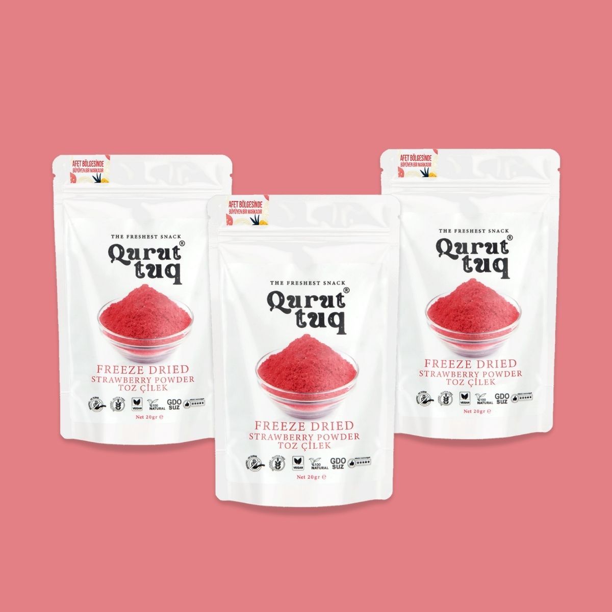 3'lü Paket Freeze Dried Dondurularak Kurutulmuş Toz Çilek 3x20g